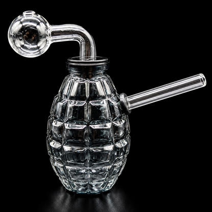 Glass smoking device shaped like a grenade on a black background