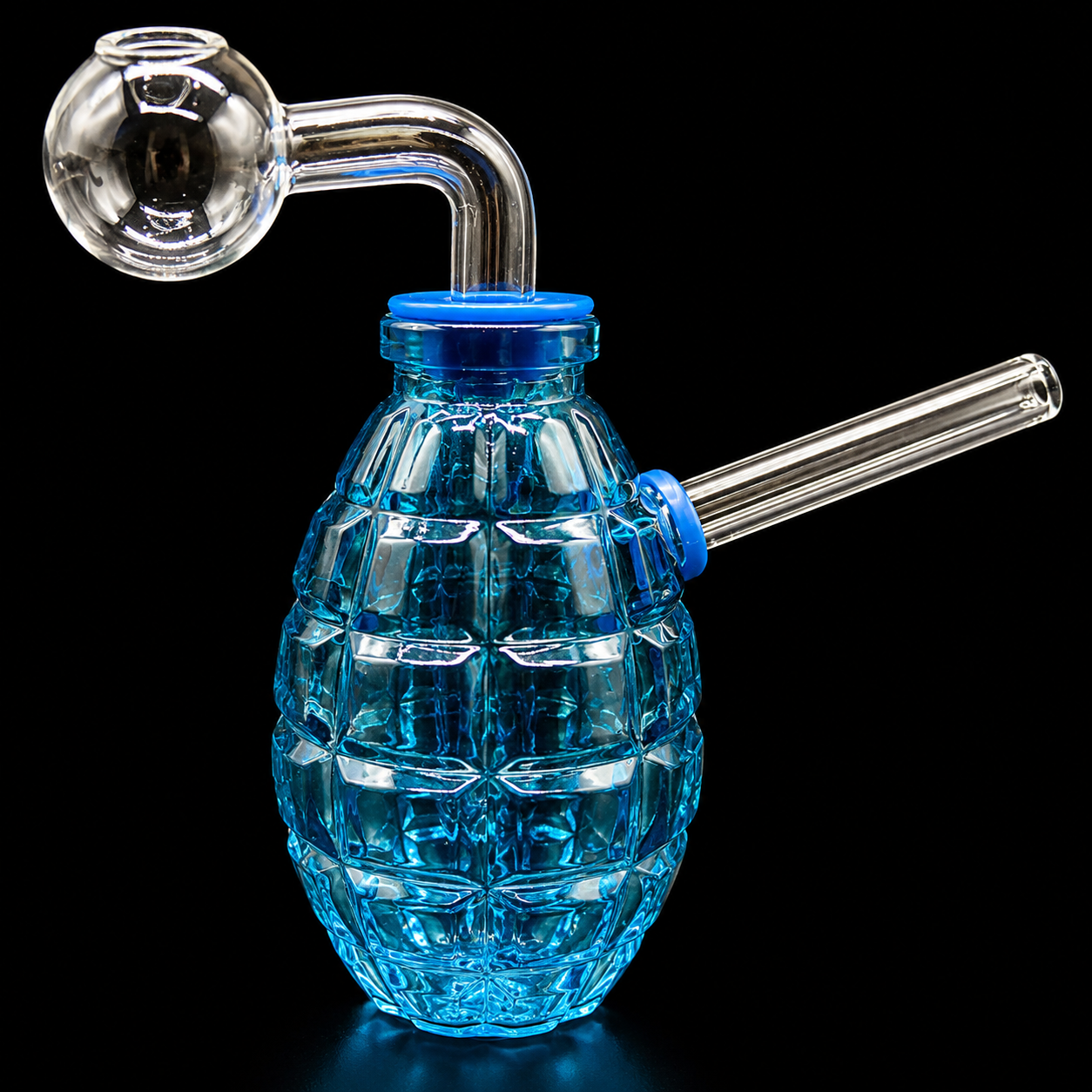 Glass smoking device shaped like a blue grenade on a black background