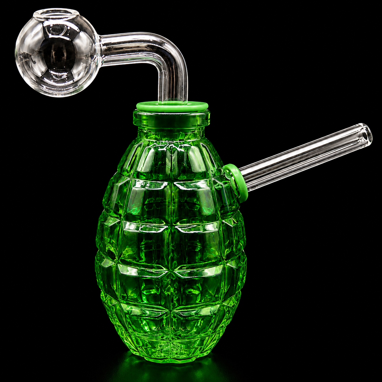 Green glass grenade-shaped pipe with a clear hose on a black background