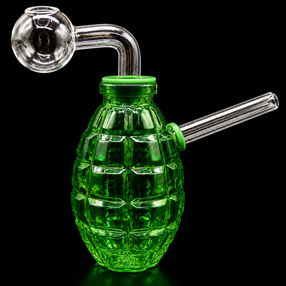 Green glass grenade-shaped pipe with a clear hose on a black background