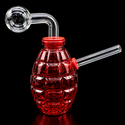 Red glass grenade-shaped smoking device with a hose on a black background