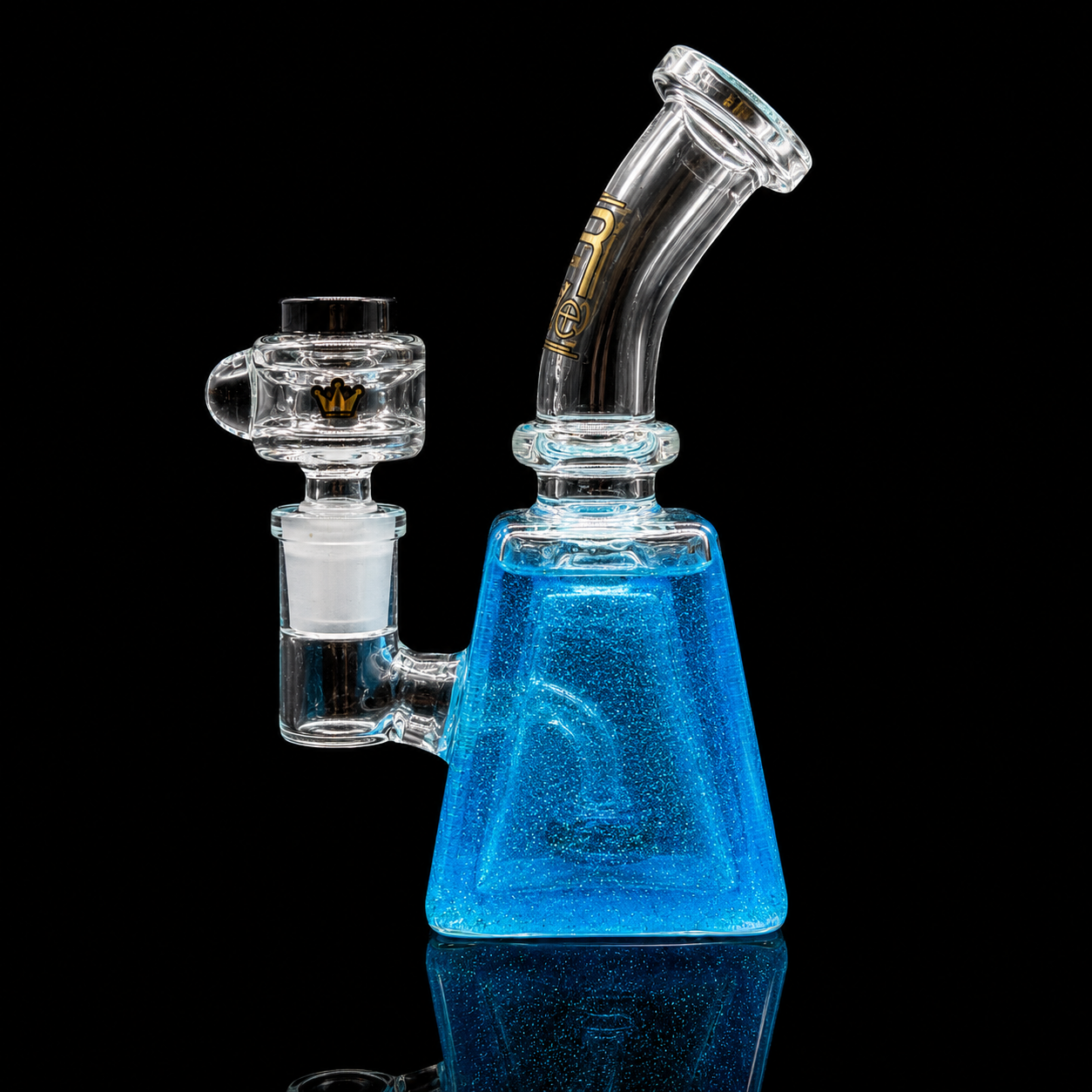 Glass water pipe with blue base on a black background