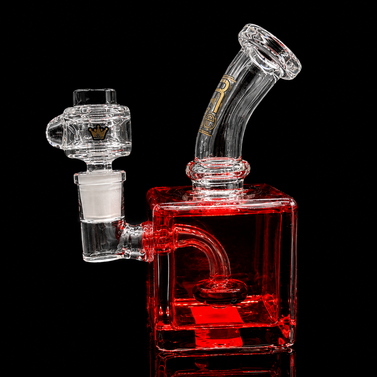 Glass smoking device with red base on a black background