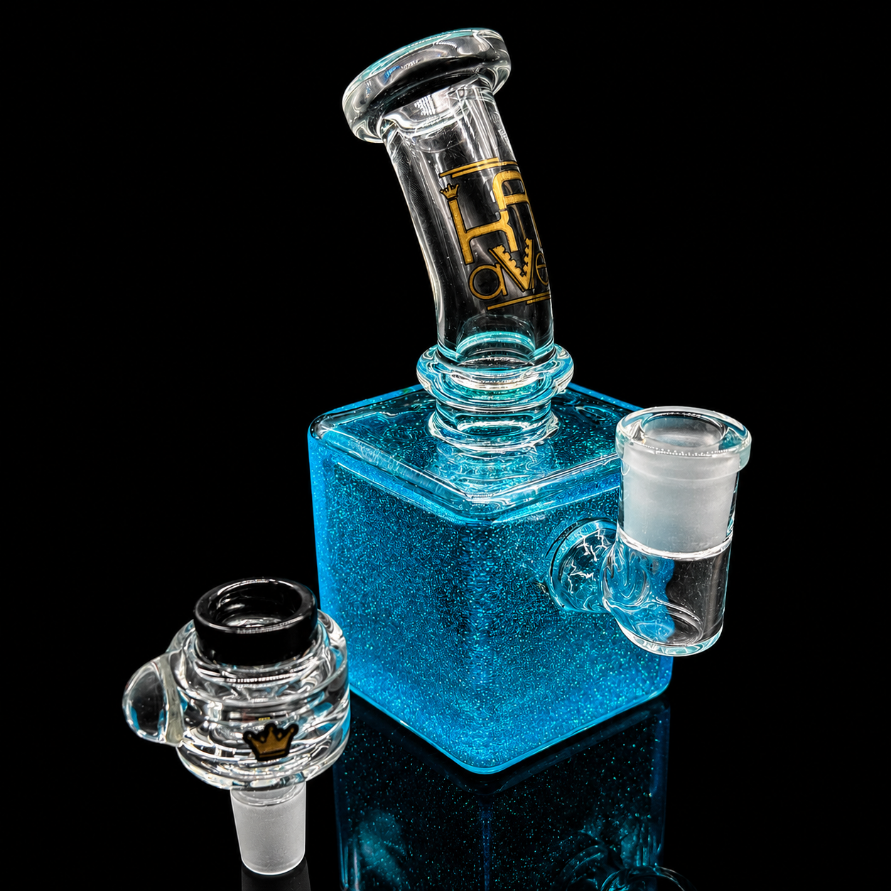 Blue glass water pipe with a logo on a black background