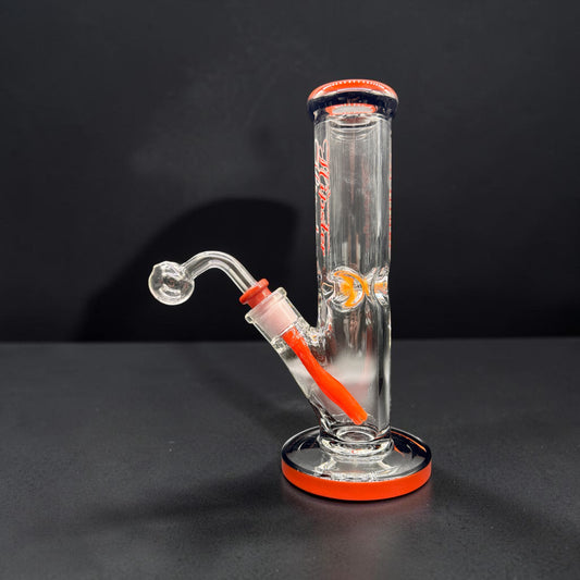 Clear glass water pipe with orange accents on a black background