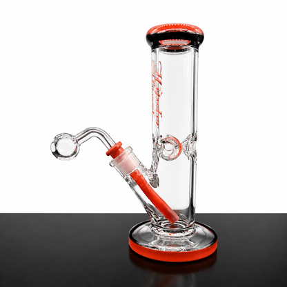 Glass water pipe with red accents on a black and white background