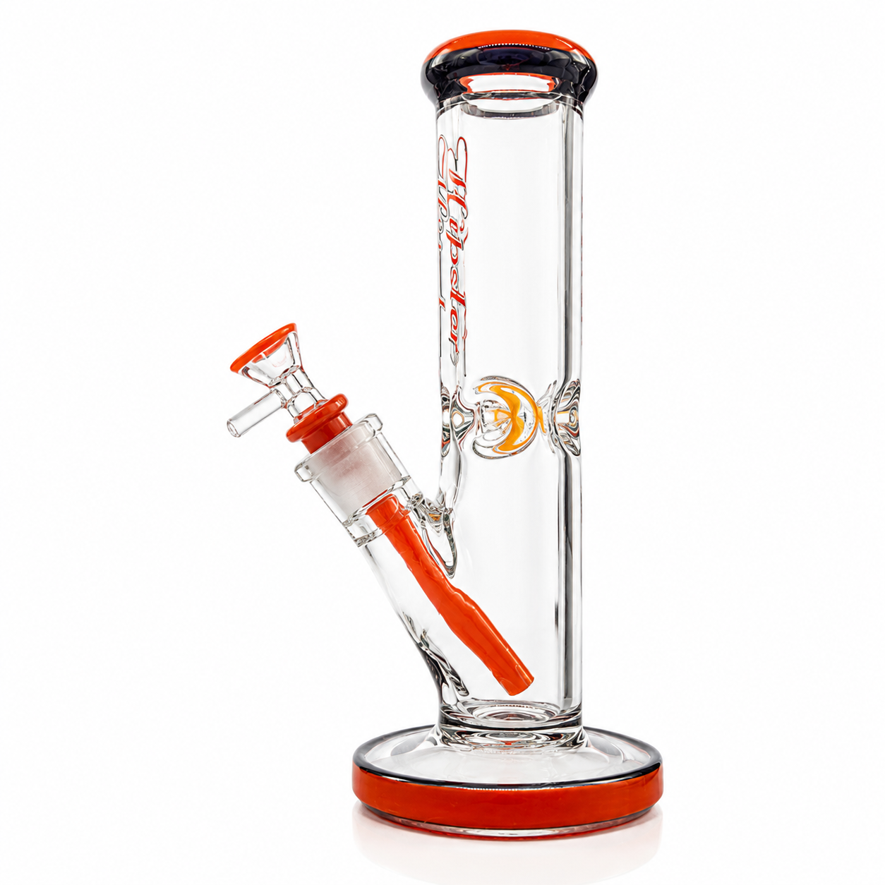 Clear glass water pipe with orange accents on a white background