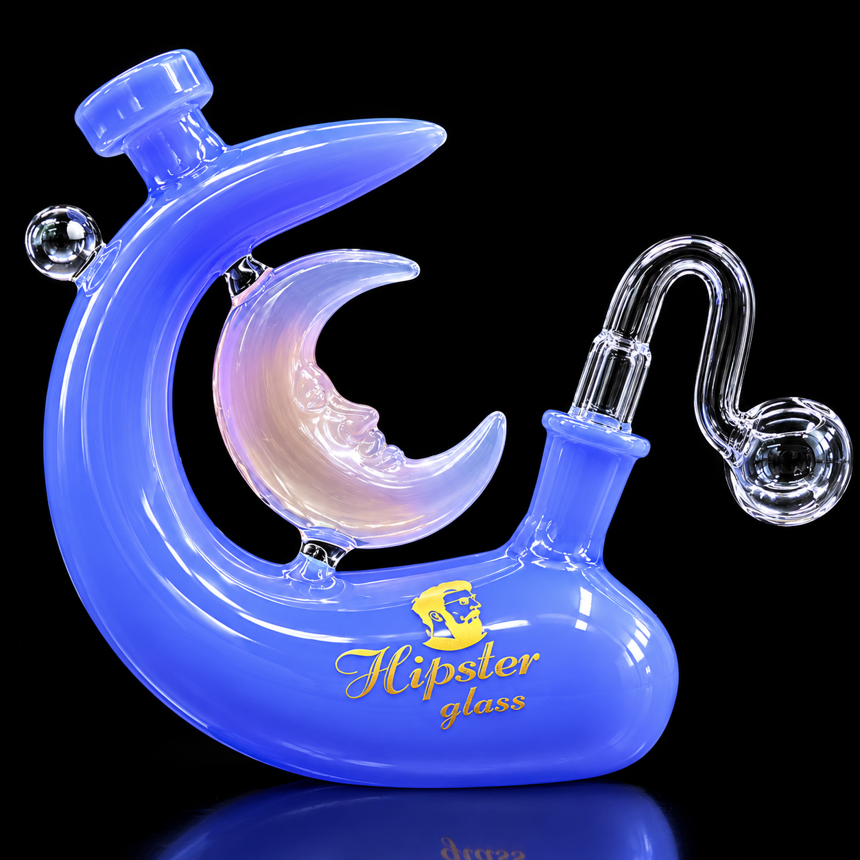Hipster Glass 6” Crescent Moon Oil Burner Bubbler Blue color 