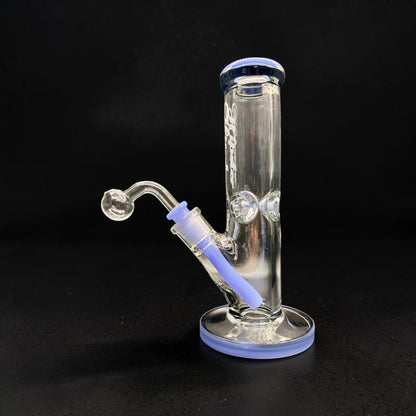 Clear glass water pipe with blue accents on a black background