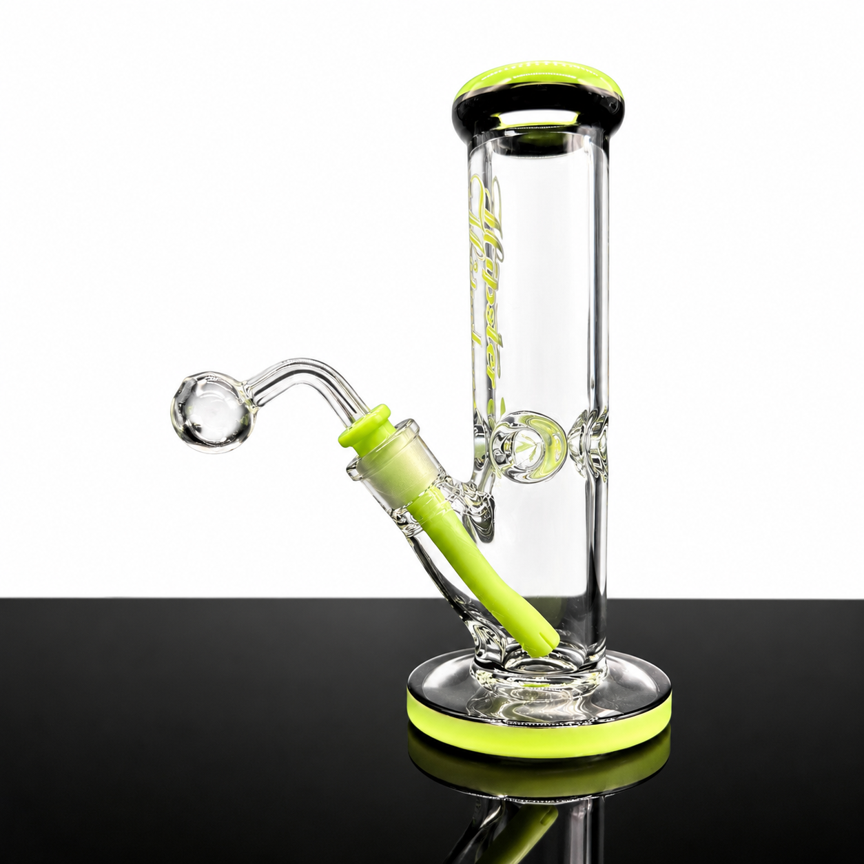 Glass water pipe with yellow accents on a black background