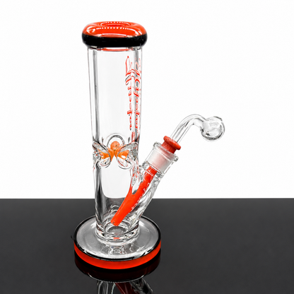 Glass water pipe with red and black accents on a white background