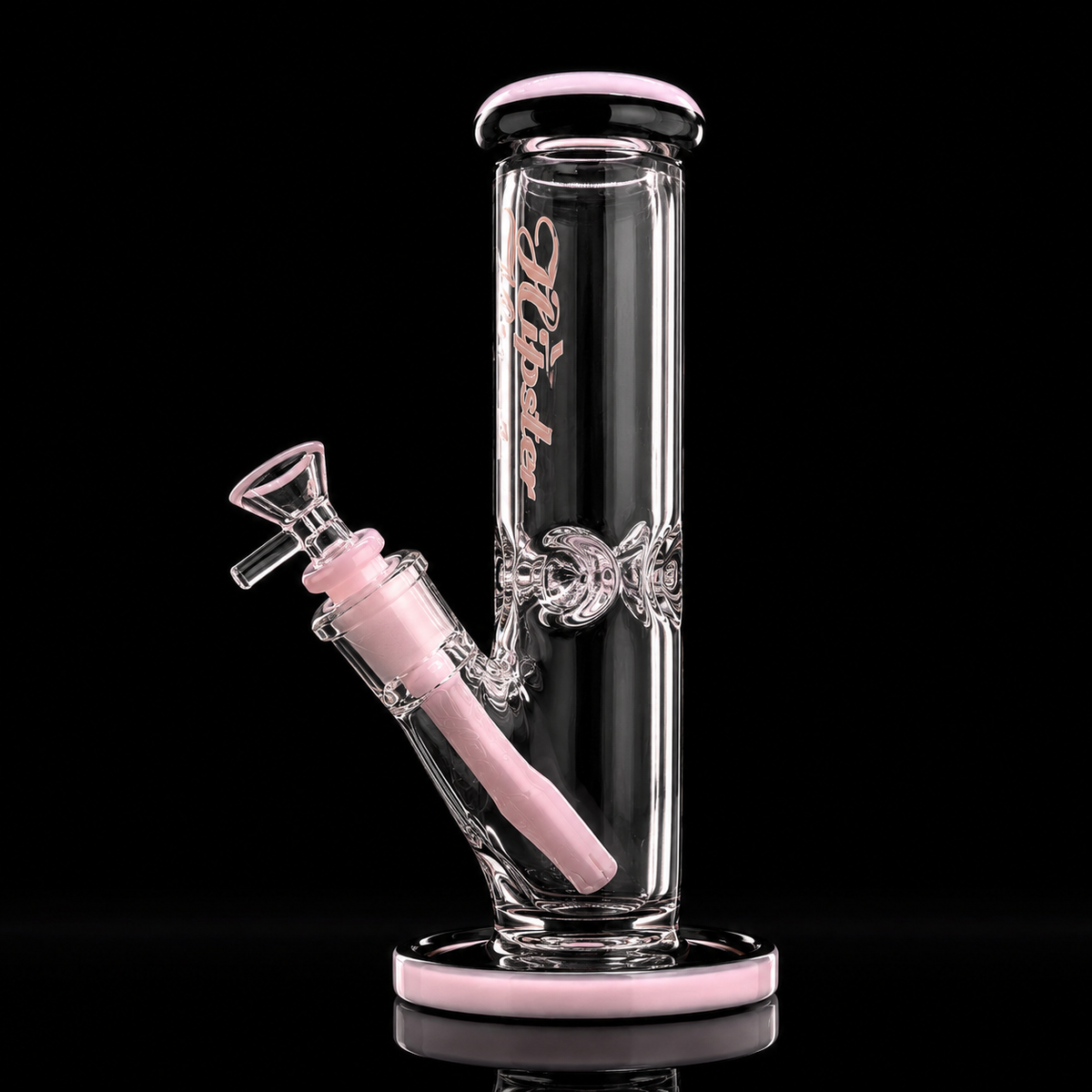 A clear glass water pipe with pink accents, including a pink mouthpiece, pink inner chamber, and pink base ring, set against a solid black background.