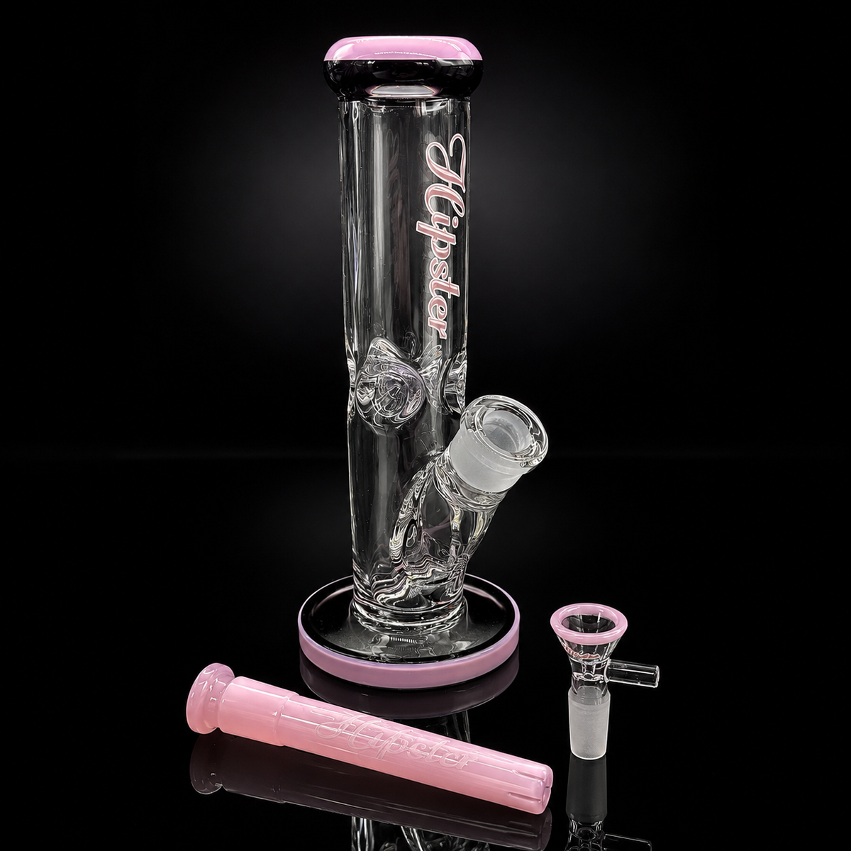 A clear glass water pipe with pink accents, including a pink mouthpiece, pink base ring, and pink neck piece, displayed on a reflective black background.