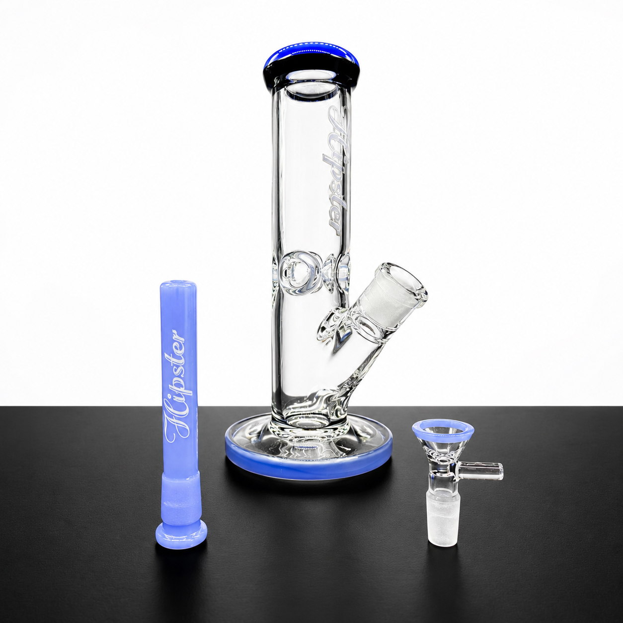 Glass water pipe with blue accents on a black background
