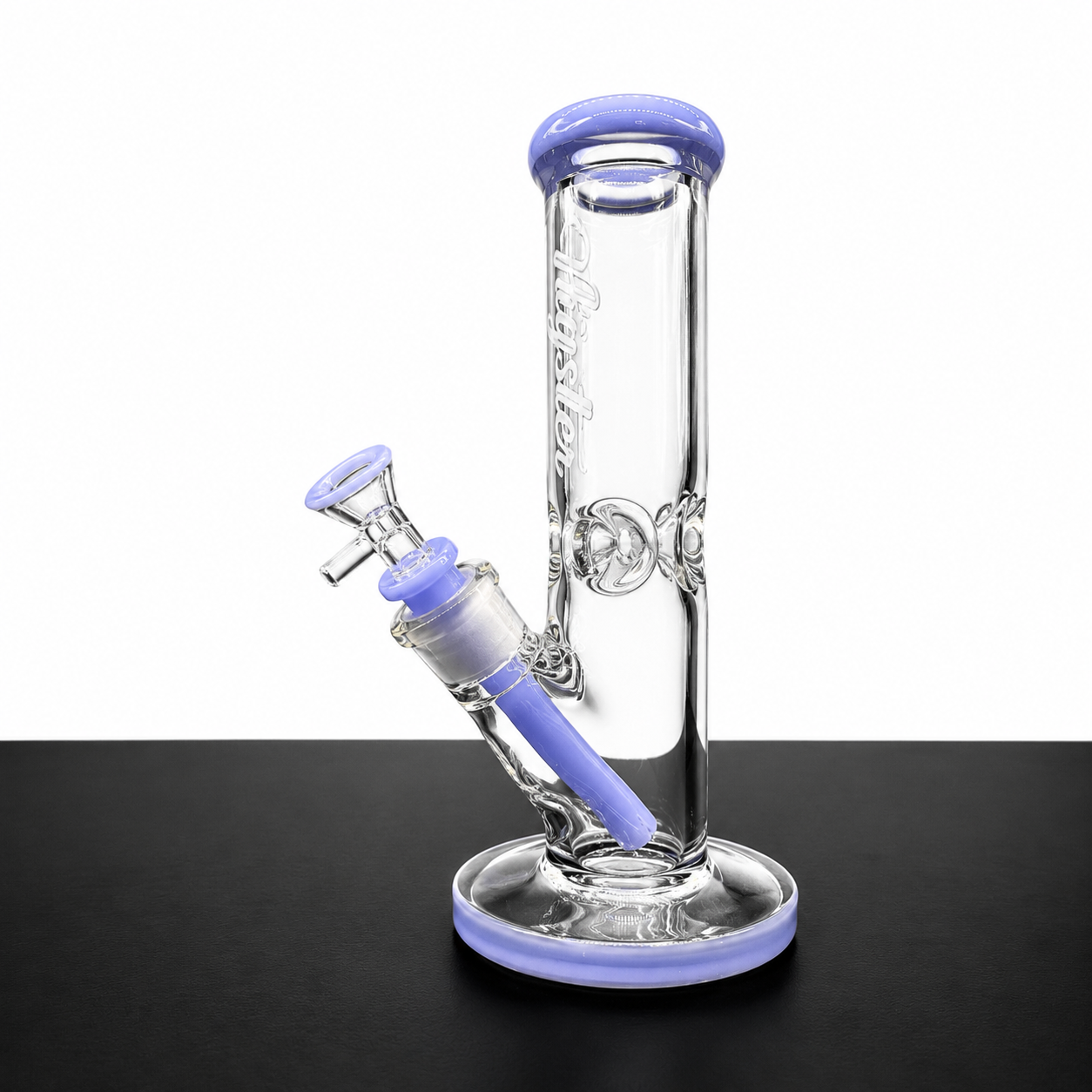 Glass water pipe with purple accents on a black and white background