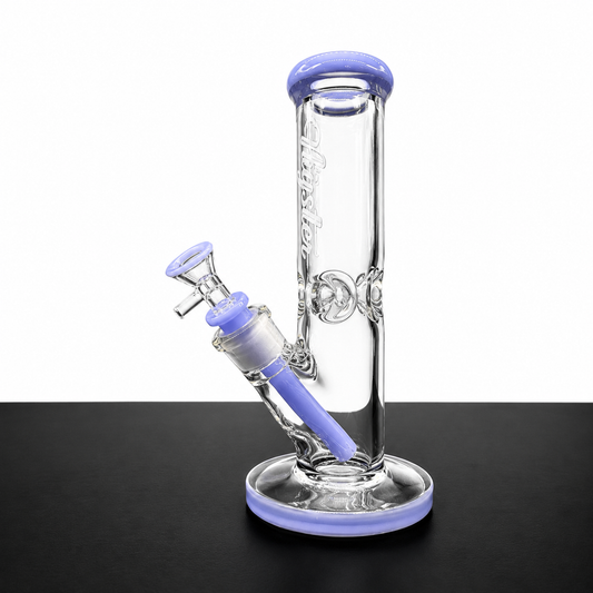 Glass water pipe with purple accents on a black and white background