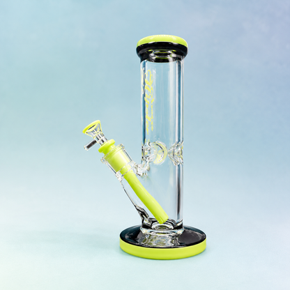Glass water pipe with lime green accents on a light blue background