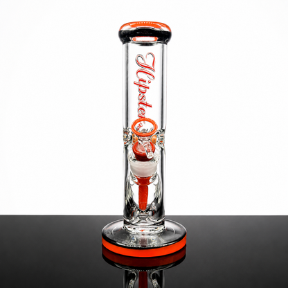 Clear glass water pipe with red and black accents on a white background