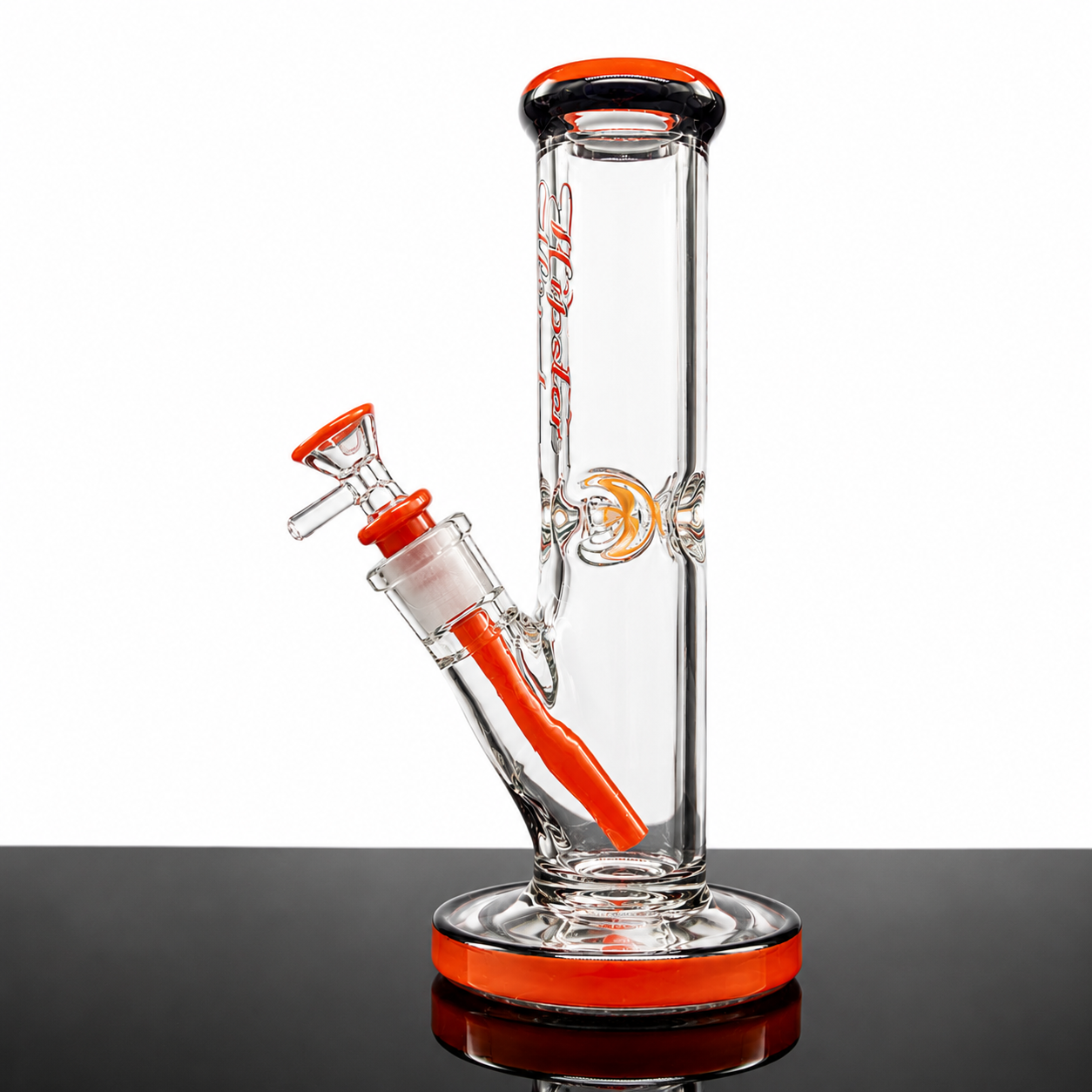 Clear glass water pipe with orange accents on a white background