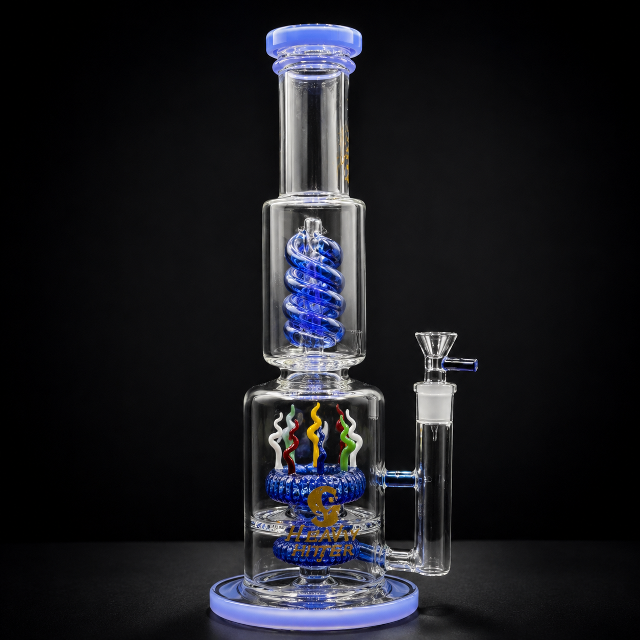 Glass water pipe with spiral design and colorful elements on a black background