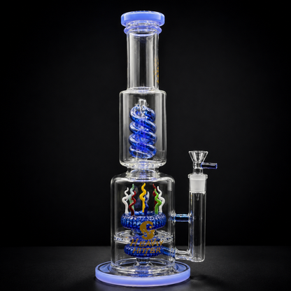 Glass water pipe with spiral design and colorful elements on a black background