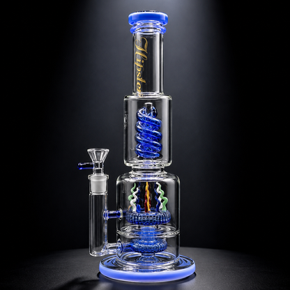 Glass smoking device with blue and clear design on a black background