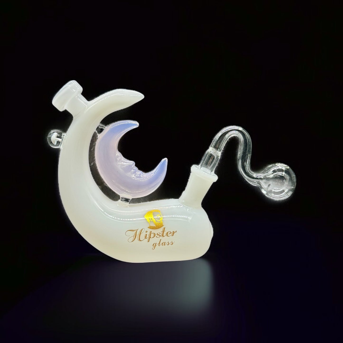 Glass smoking accessory with 'Hipster glass' branding on a black background