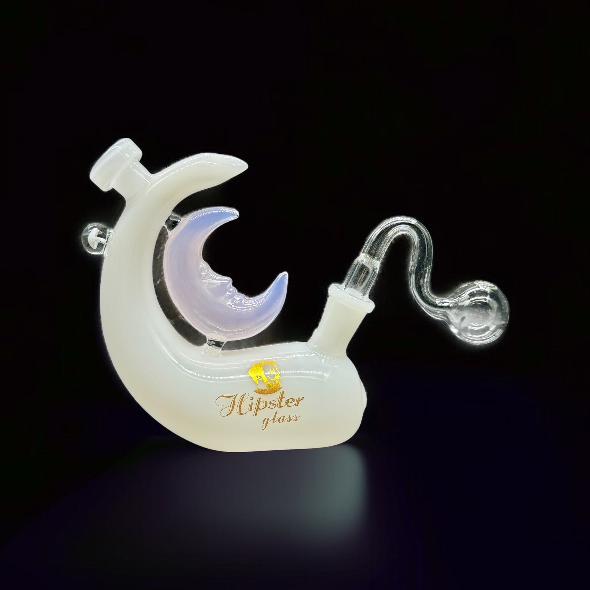 Glass smoking accessory with 'Hipster glass' branding on a black background