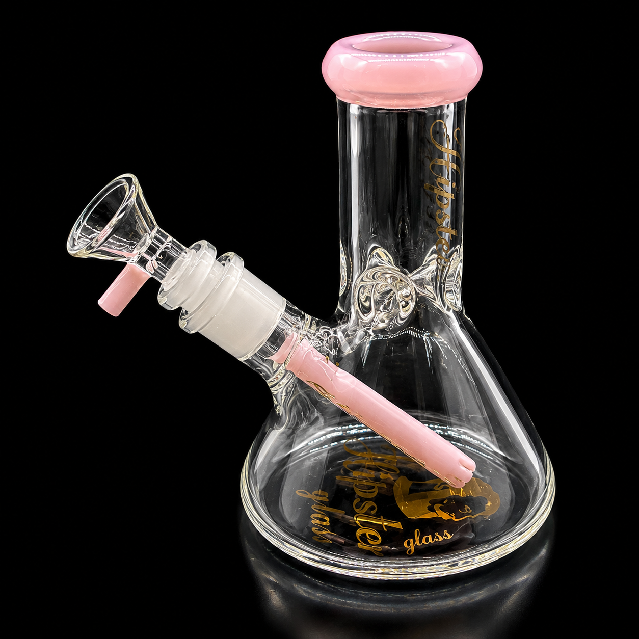 Glass smoking device with pink accents on a black background