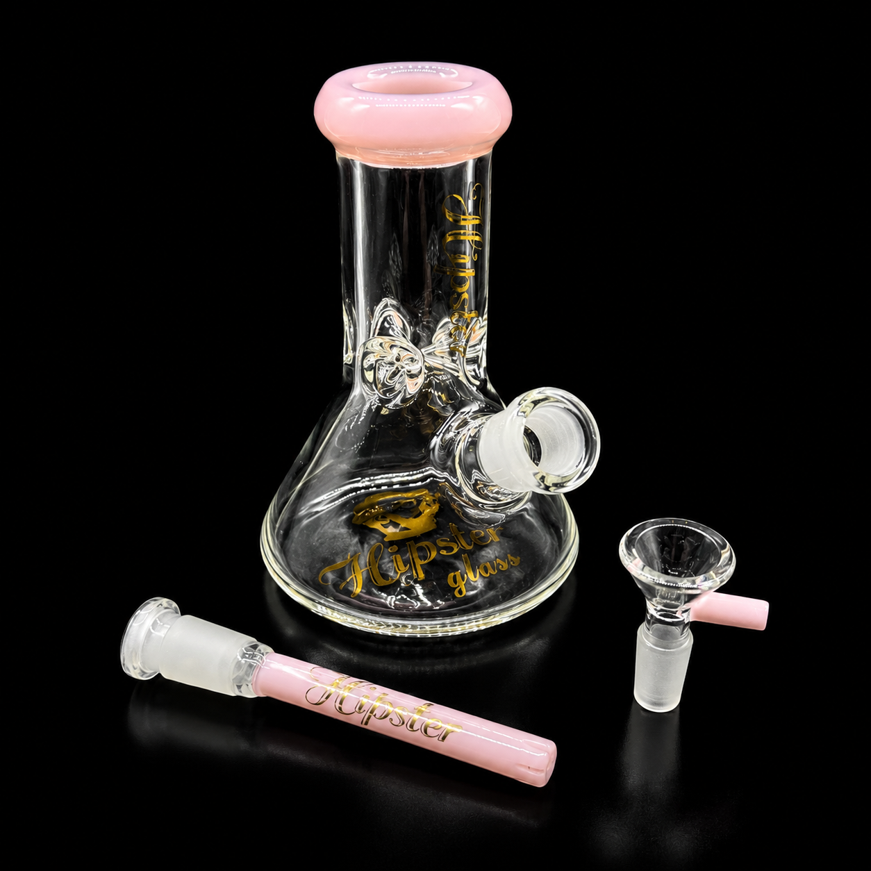 Glass smoking device with pink accents on a black background