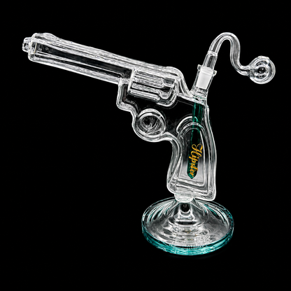 Glass smoking accessory shaped like a revolver on a black background