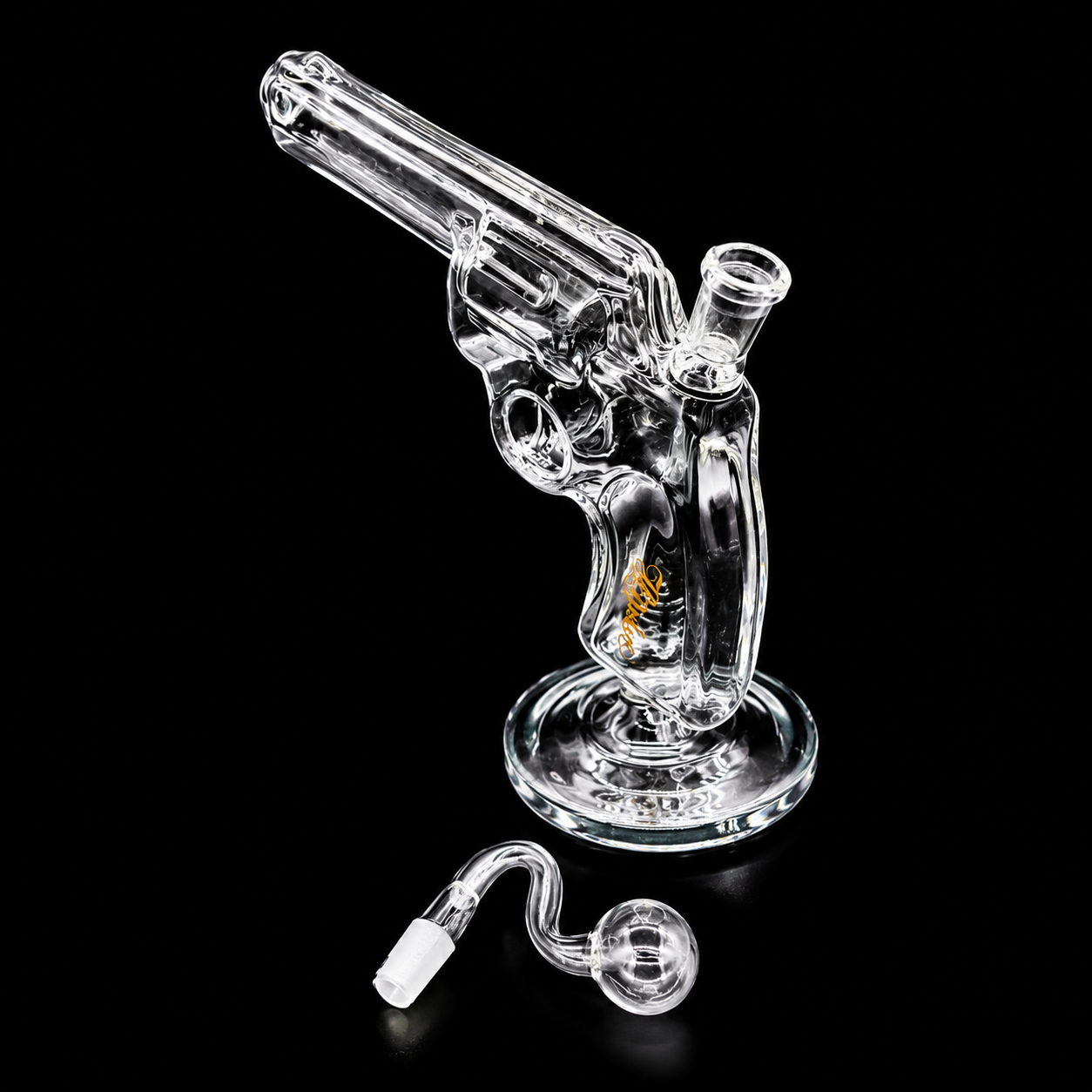 Clear glass revolver smoking accessory on a black background