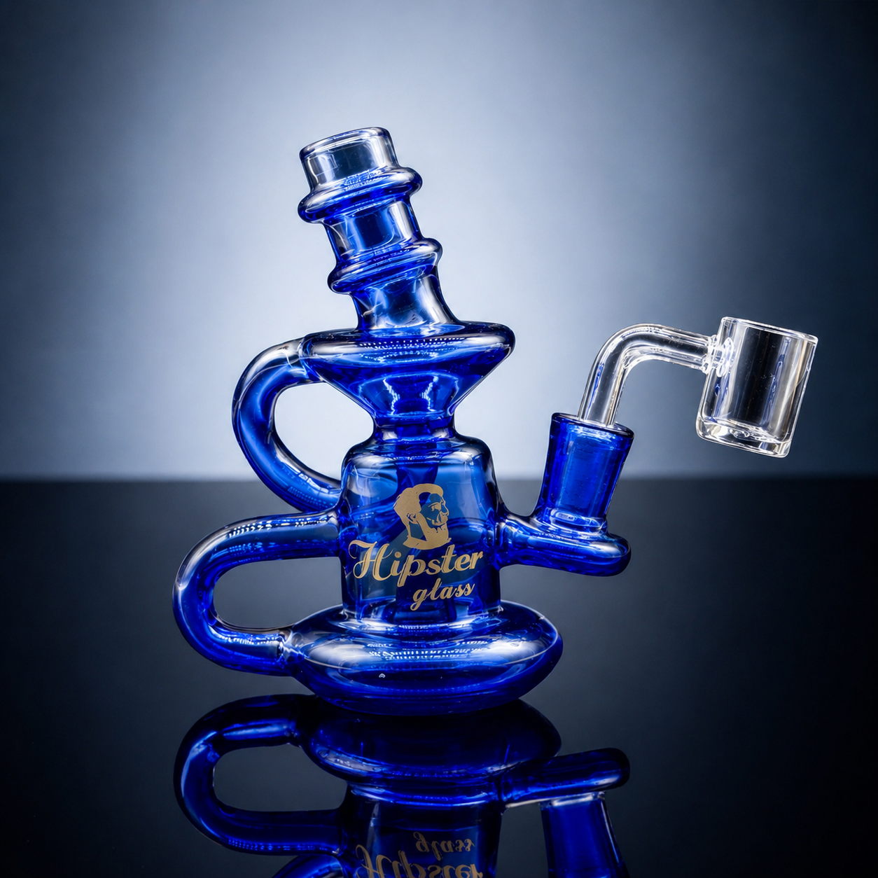 Blue glass smoking device with 'Hipster Glass' branding on a reflective surface.