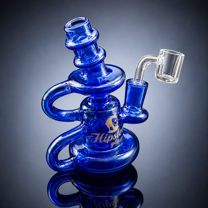 Blue glass water pipe with 'Hipsie Glass' branding on a reflective surface.