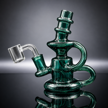 Green glass water pipe on a reflective surface with a dark background