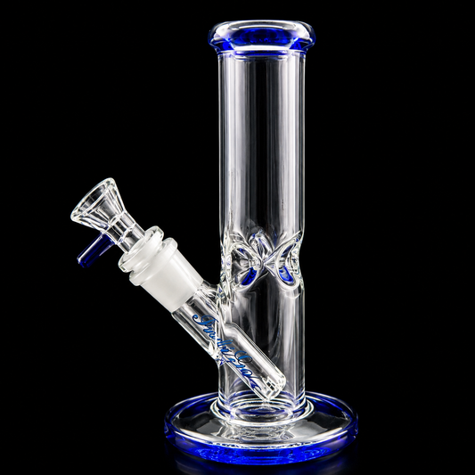 Clear glass water pipe with blue accents on a black background