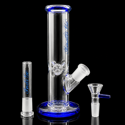Clear glass smoking apparatus with blue accents on a black background