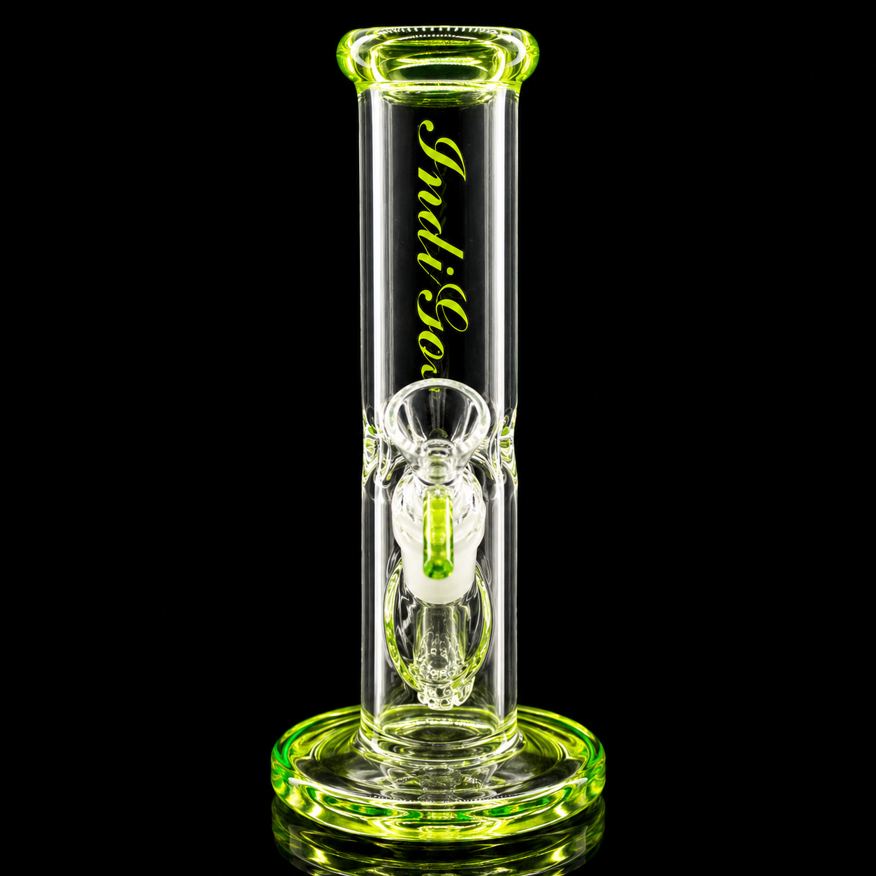 Clear glass smoking device with green accents on a black background