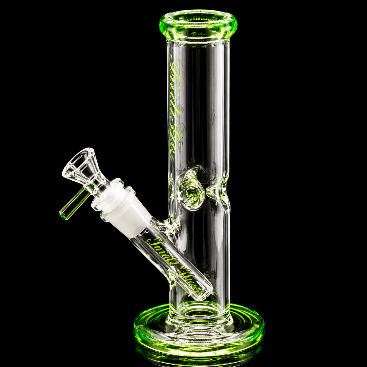Clear glass water pipe with green accents on a black background