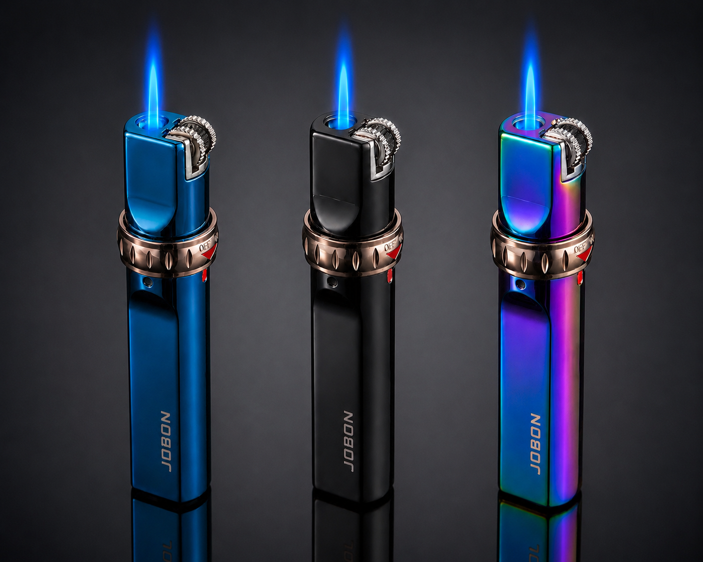 Three JOBON lighters with blue flames on a dark background