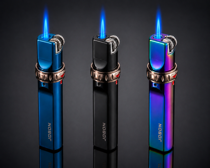 Three JOBON lighters with blue flames on a dark background