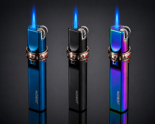 Three JOBON lighters with blue flames on a dark background