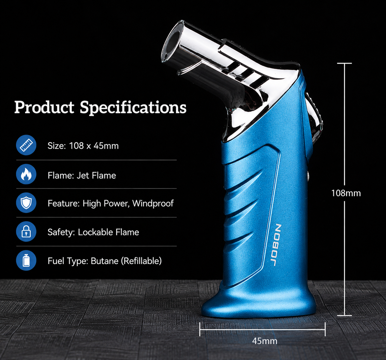 Blue butane lighter with specifications on a black background
