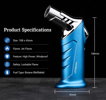 Blue butane lighter with specifications on a black background