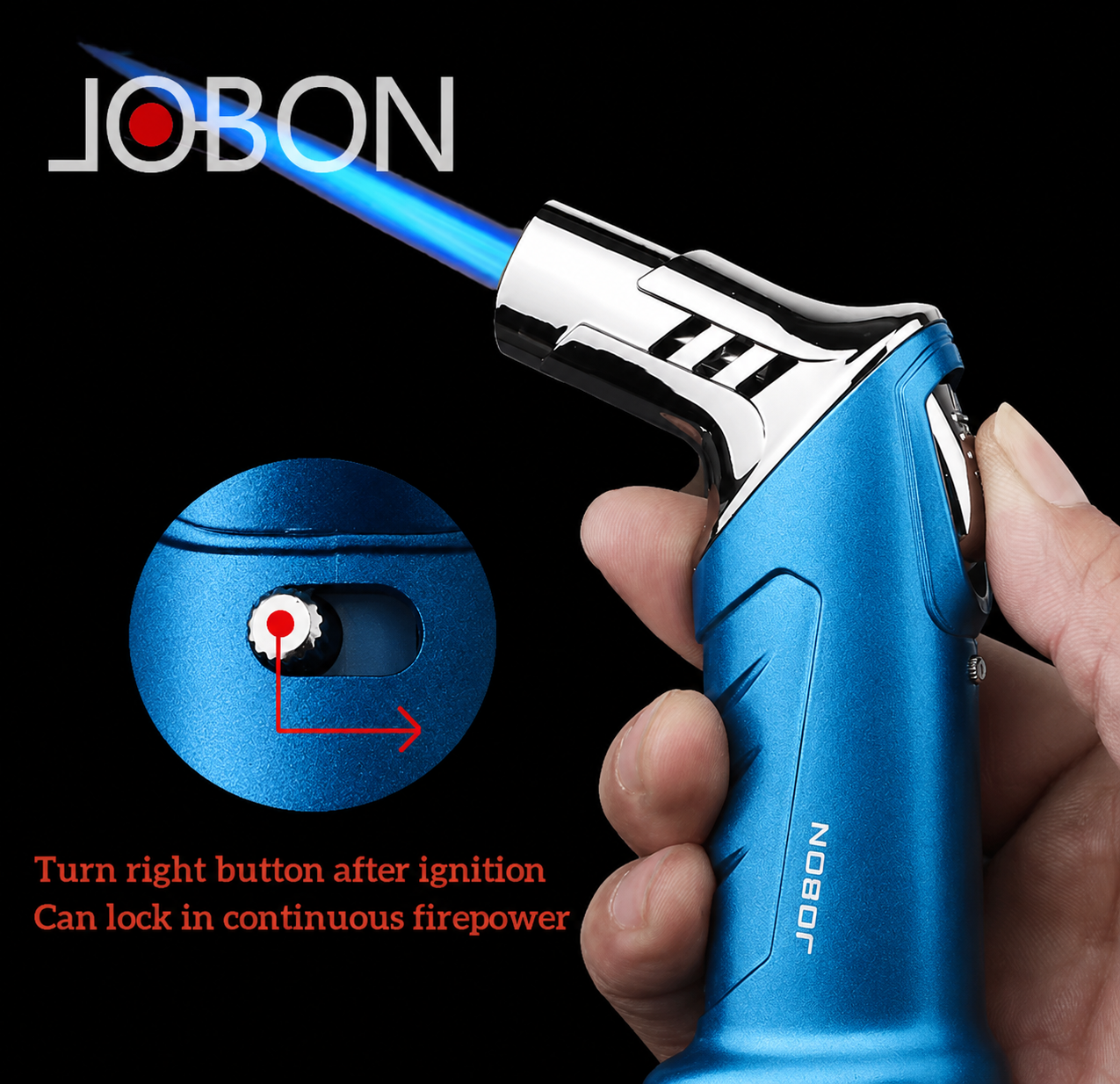 Blue torch lighter held by a hand with JOBON branding on a black background