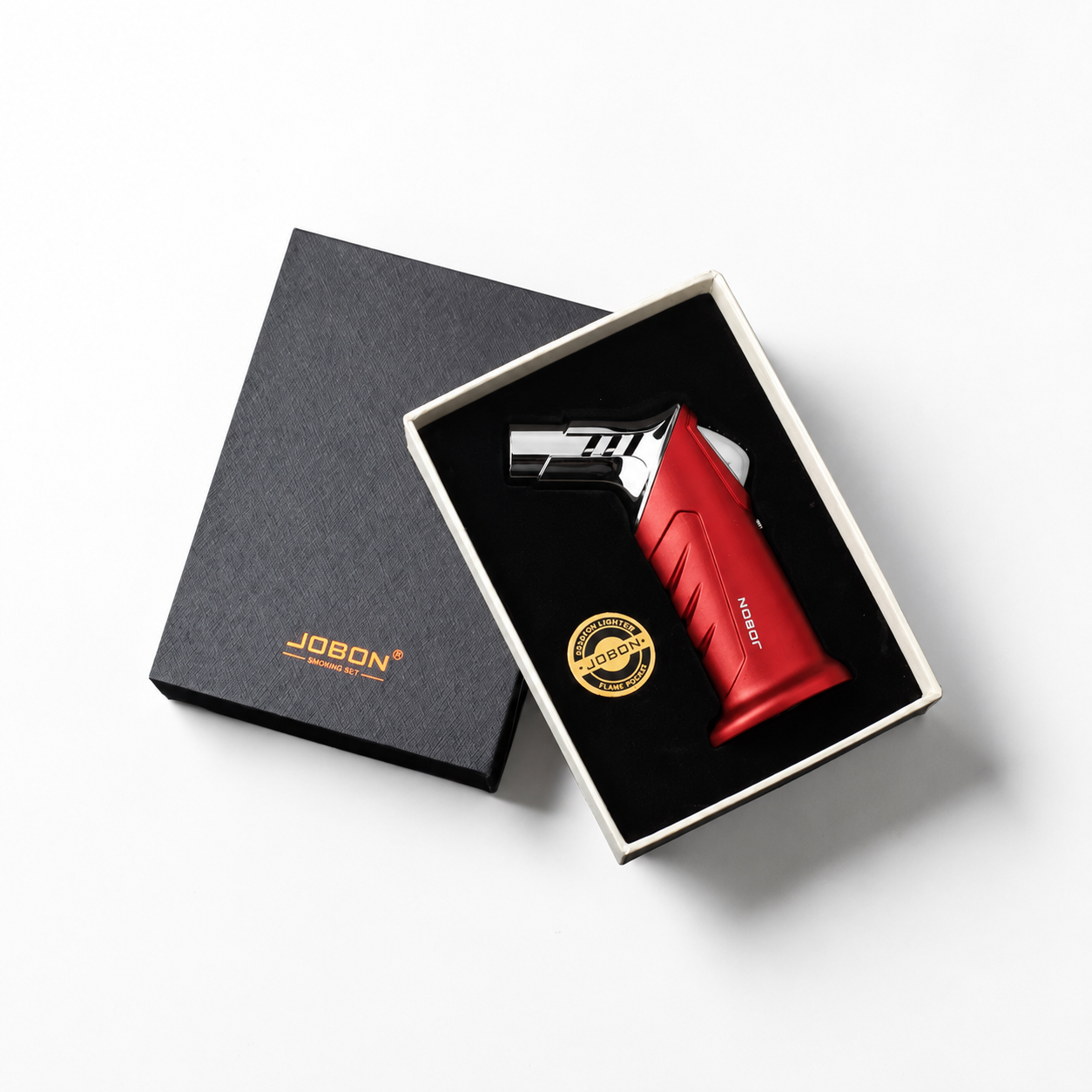 Red lighter with silver accents in a black box, featuring the JOBOON brand.