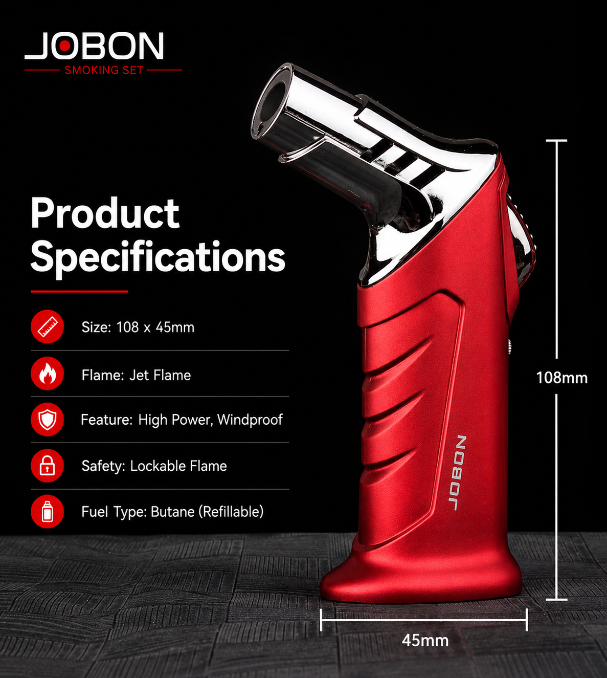 Red lighter with specifications on a black background, featuring the JOBON brand.