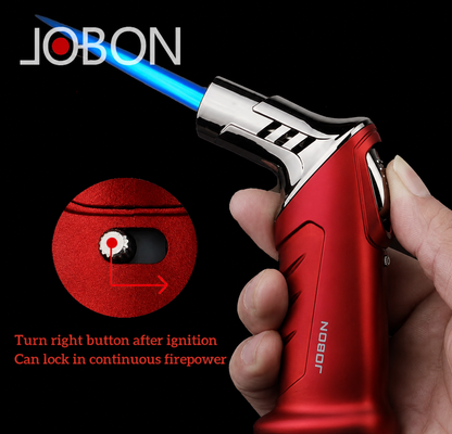 Red torch lighter held by a hand with JOBON branding on a black background