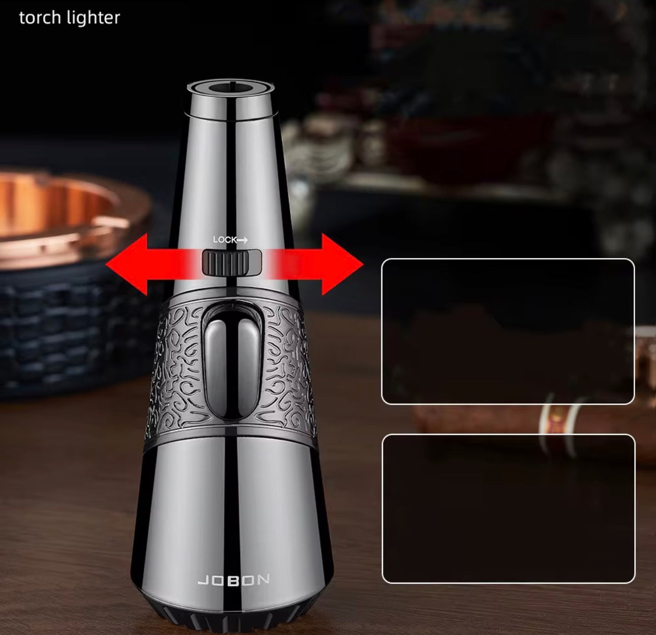 Silver torch lighter with intricate design on a dark background