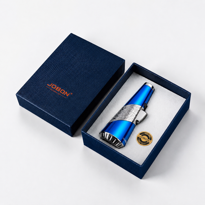 Blue electric shaver in a branded box on a white background